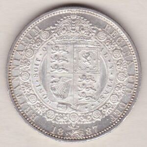 1887 Silver Halfcrown coin featuring the Jubilee head of Queen Victoria on the Obverse. The shield of royal arms completes the Reverse design.