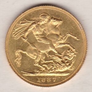 1887 Gold Sovereign Coin featuring Queen Victoria Jubilee Head on the Obverse and St George & the Dragon on the Reverse. London Mint.