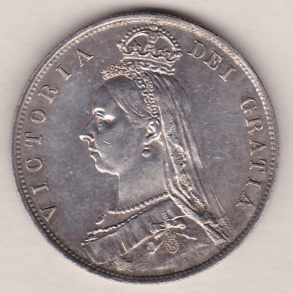 1888 Silver Halfcrown coin featuring the Jubilee head of Queen Victoria on the Obverse. The shield of royal arms completes the Reverse design.