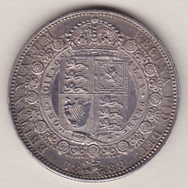 1888 Silver Halfcrown coin featuring the Jubilee head of Queen Victoria on the Obverse. The shield of royal arms completes the Reverse design.