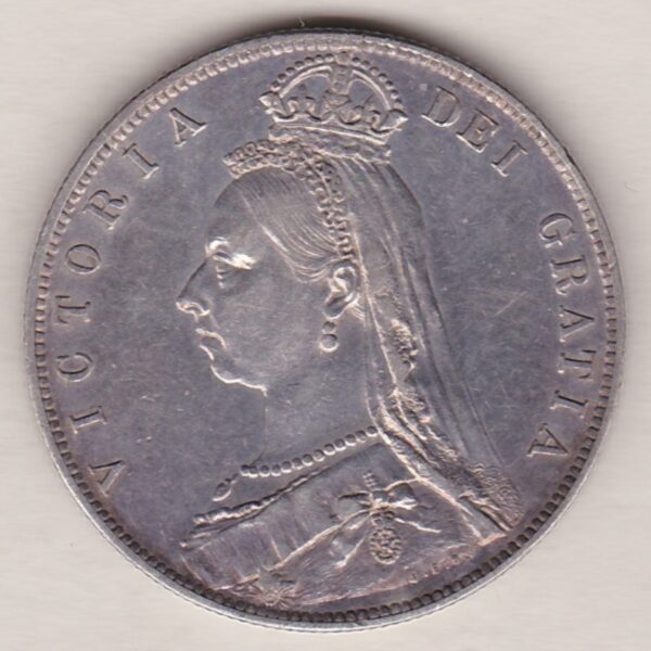 1889 Silver Halfcrown coin featuring the Jubilee head of Queen Victoria on the Obverse. The shield of royal arms completes the Reverse design.