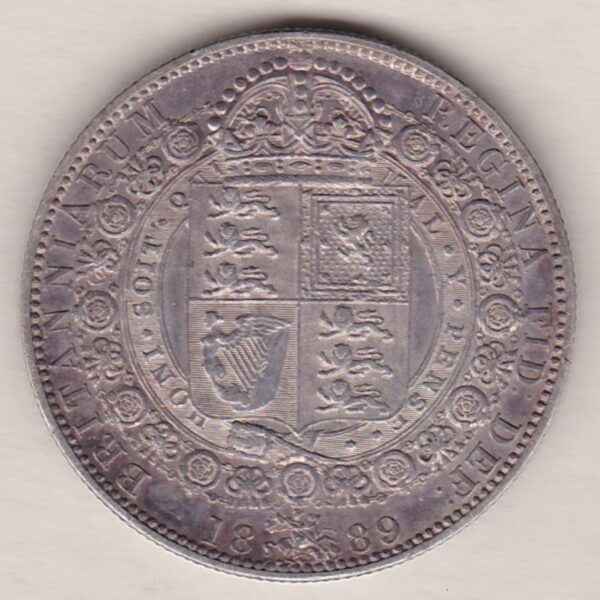 1889 Silver Halfcrown coin featuring the Jubilee head of Queen Victoria on the Obverse. The shield of royal arms completes the Reverse design.