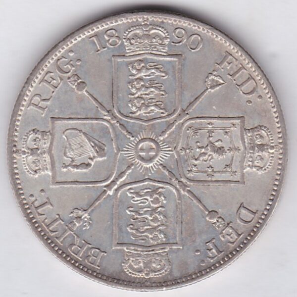 1890 silver double florin coin featuring the Jubilee Head design of Queen Victoria. The Garter star and four sceptres in the angles complete the Reverse.