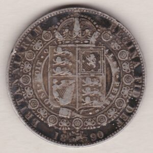 1890 Silver Halfcrown coin featuring the Jubilee head of Queen Victoria on the Obverse. The shield of royal arms completes the Reverse design.