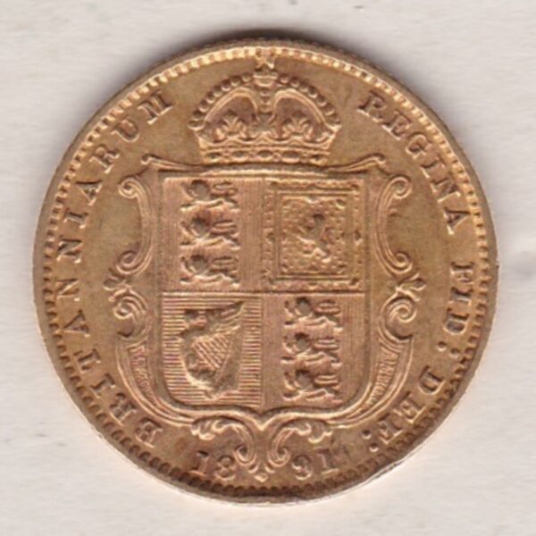 1891 Gold Half Sovereign Coin featuring Queen Victoria Jubilee Head on the Obverse and the shield design on the Reverse. Very Fine condition.