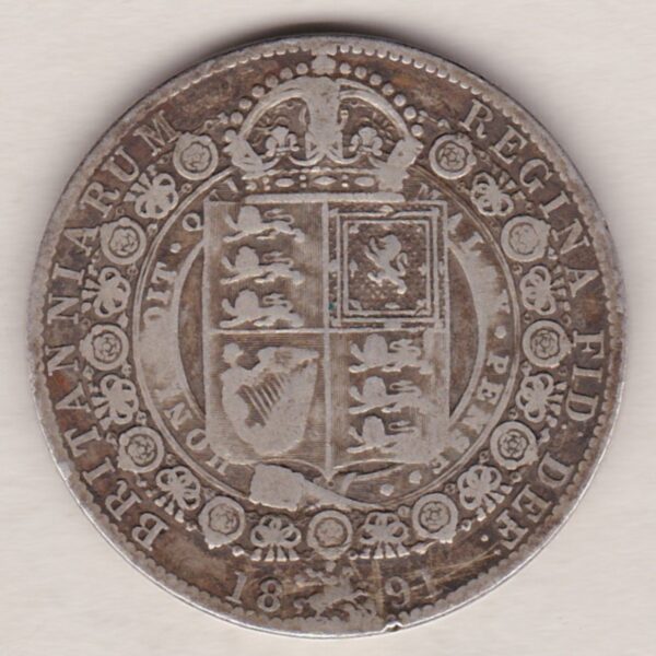 1891 Silver Halfcrown coin featuring the Jubilee head of Queen Victoria on the Obverse. The shield of royal arms completes the Reverse design.