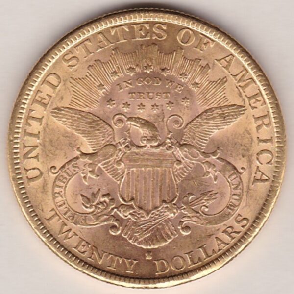 1892 S USA Twenty Dollars coin featuring the Lady Liberty on the Obverse. The eagle with a shield on its chest completes the Reverse.