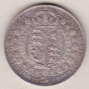 1892 Silver Halfcrown coin featuring the Jubilee head of Queen Victoria on the Obverse. The shield of royal arms completes the Reverse design.