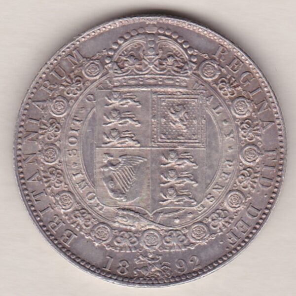 1892 Silver Halfcrown coin featuring the Jubilee head of Queen Victoria on the Obverse. The shield of royal arms completes the Reverse design.