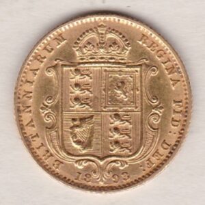 1893 Gold Half Sovereign Coin featuring Queen Victoria Jubilee Head on the Obverse and the shield design on the Reverse. Very Fine condition.