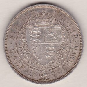 1893 Silver Halfcrown coin featuring the old head of Queen Victoria on the Obverse. The shield of royal arms completes the Reverse design.