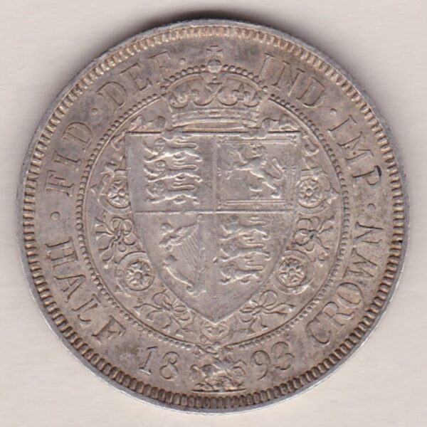 1893 Silver Halfcrown coin featuring the old head of Queen Victoria on the Obverse. The shield of royal arms completes the Reverse design.