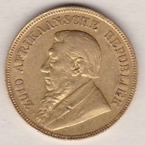 1894 South Africa Gold Pond coin featuring Paul Kruger on the Obverse. The Arms of the South African Republic on the reverse.