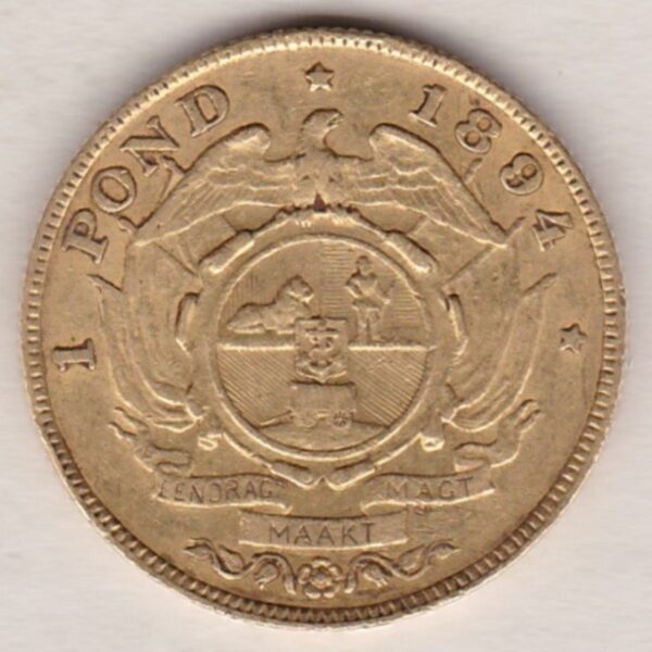 1894 South Africa Gold Pond coin featuring Paul Kruger on the Obverse. The Arms of the South African Republic on the reverse.