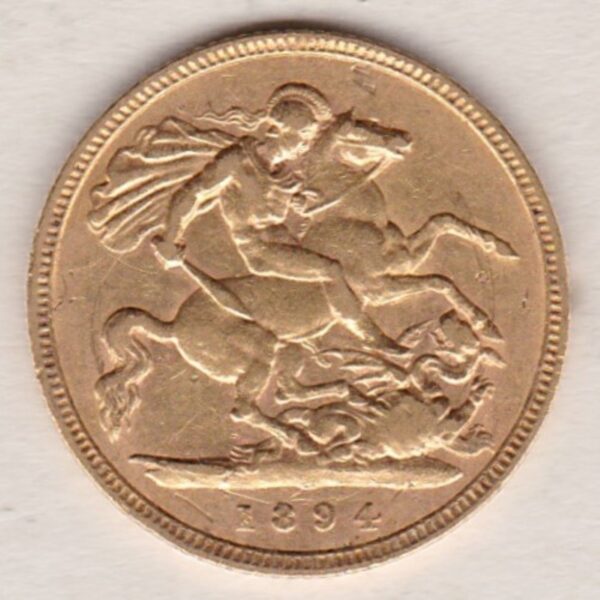 1894 Gold Half Sovereign Coin featuring Queen Victoria Old Head on the Obverse and George & the Dragon on the Reverse.