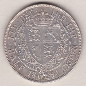 1894 Silver Halfcrown coin featuring the old head of Queen Victoria on the Obverse. The shield of royal arms completes the Reverse design.