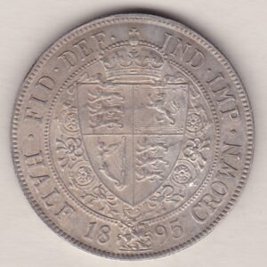 1895 Silver Halfcrown coin featuring the old head of Queen Victoria on the Obverse. The shield of royal arms completes the Reverse design.