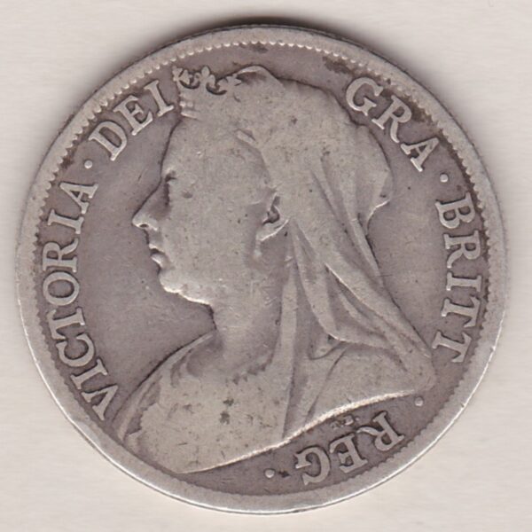 1896 Silver Halfcrown coin featuring the old head of Queen Victoria on the Obverse. The shield of royal arms completes the Reverse design.