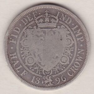 1896 Silver Halfcrown coin featuring the old head of Queen Victoria on the Obverse. The shield of royal arms completes the Reverse design.