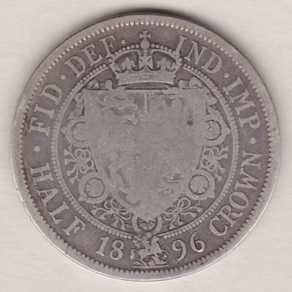 1896 Silver Halfcrown coin featuring the old head of Queen Victoria on the Obverse. The shield of royal arms completes the Reverse design.