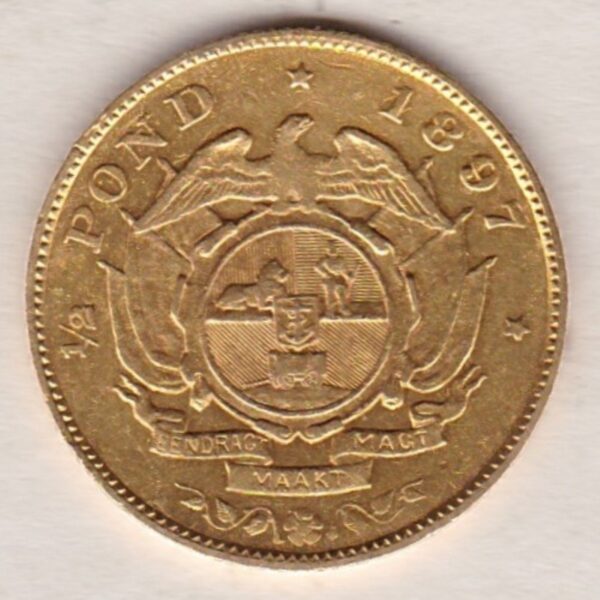 1897 South Africa Gold Half Pond coin featuring Paul Kruger on the Obverse. The Arms of the South African Republic on the reverse.