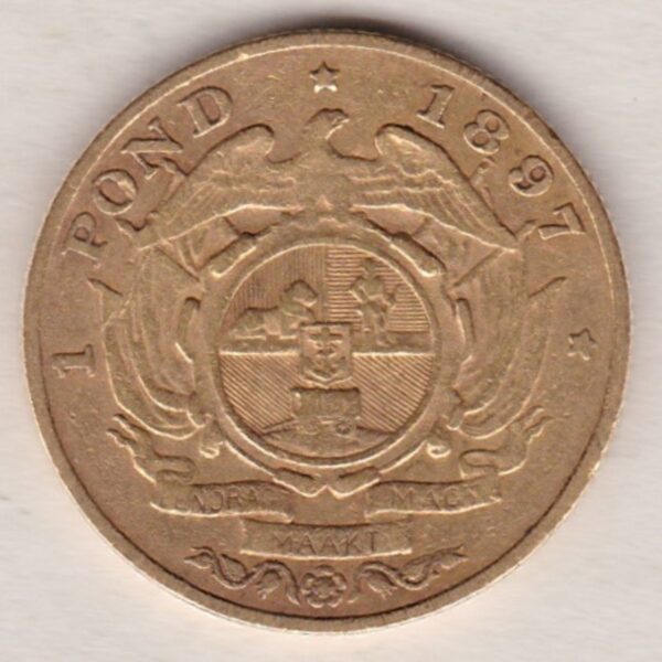 1897 South Africa Gold Pond coin featuring Paul Kruger on the Obverse. The Arms of the South African Republic on the reverse.