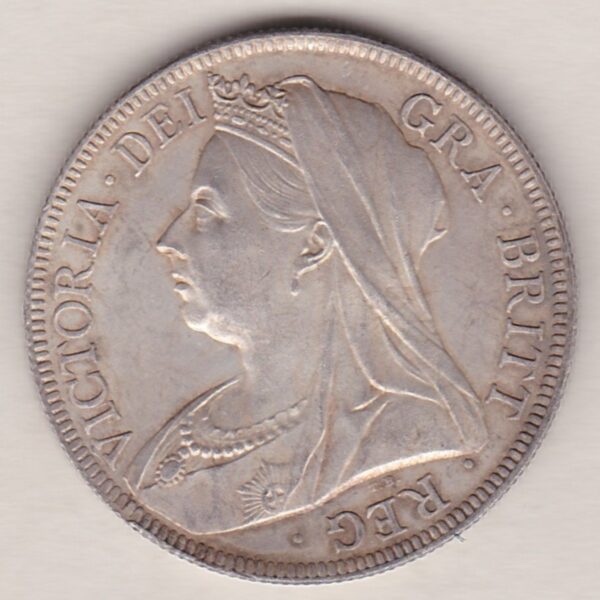 1897 Silver Halfcrown coin featuring the old head of Queen Victoria on the Obverse. The shield of royal arms completes the Reverse design.