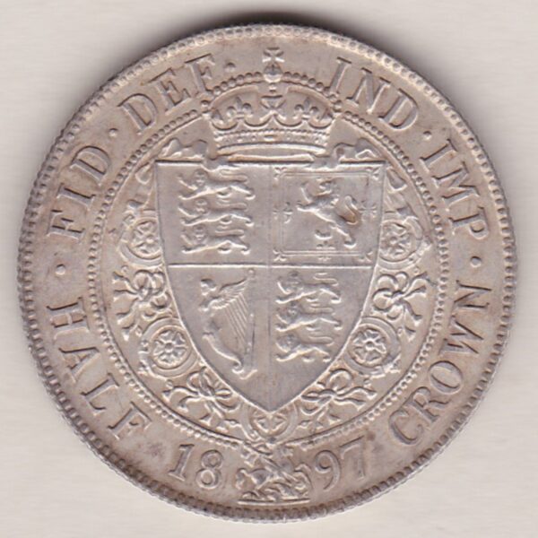 1897 Silver Halfcrown coin featuring the old head of Queen Victoria on the Obverse. The shield of royal arms completes the Reverse design.