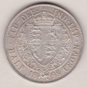 1898 Silver Halfcrown coin featuring the old head of Queen Victoria on the Obverse. The shield of royal arms completes the Reverse design.