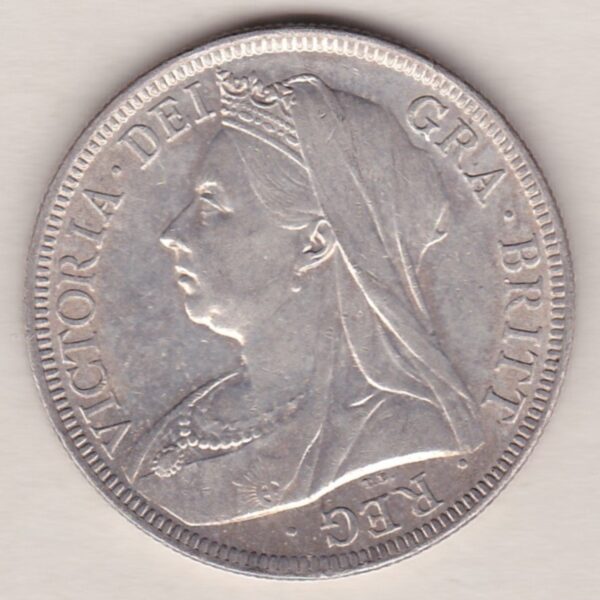 1899 Silver Halfcrown coin featuring the old head of Queen Victoria on the Obverse. The shield of royal arms completes the Reverse design.