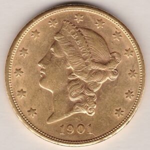 1901 S USA Twenty Dollars coin featuring the Lady Liberty on the Obverse. The eagle with a shield on its chest completes the Reverse.