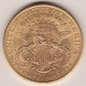 1901 S USA Twenty Dollars coin featuring the Lady Liberty on the Obverse. The eagle with a shield on its chest completes the Reverse.