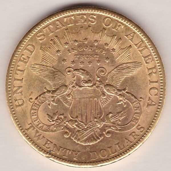 1901 S USA Twenty Dollars coin featuring the Lady Liberty on the Obverse. The eagle with a shield on its chest completes the Reverse.