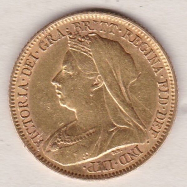 1901 Gold Half Sovereign Coin featuring Queen Victoria Old Head on the Obverse and George & the Dragon on the Reverse in a plastic coin envelope.