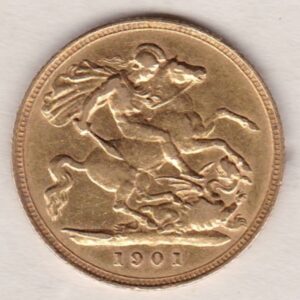 1901 Gold Half Sovereign Coin featuring Queen Victoria Old Head on the Obverse and George & the Dragon on the Reverse in a plastic coin envelope.