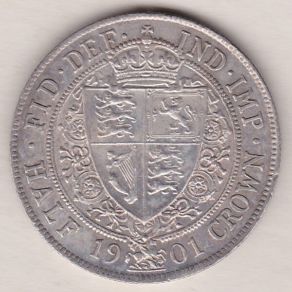 1901 Silver Halfcrown coin featuring the old head of Queen Victoria on the Obverse. The shield of royal arms completes the Reverse design.