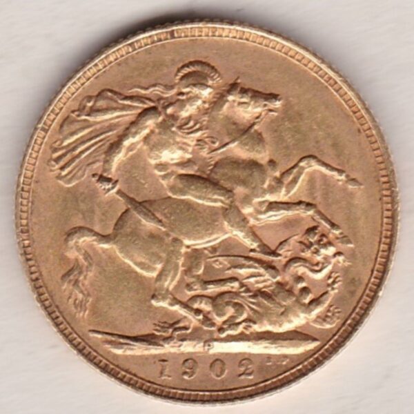 1902 P Gold Sovereign Coin. The coin features King Edward VII on the Obverse. St George and the dragon on the reverse. The P Perth, Australia Mintmark.