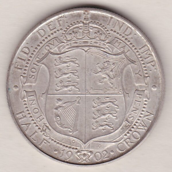 1902 Silver Matt Proof Halfcrown coin featuring king Edward VII on the Obverse. The Reverse features a crowned quartered shield of arms.