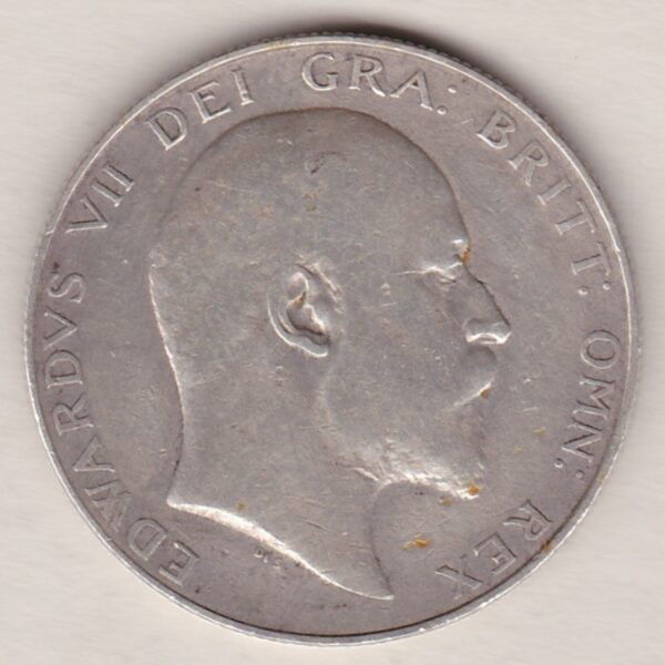 1907 Silver Halfcrown coin featuring king Edward VII on the Obverse. The Reverse features a crowned quartered shield of arms.