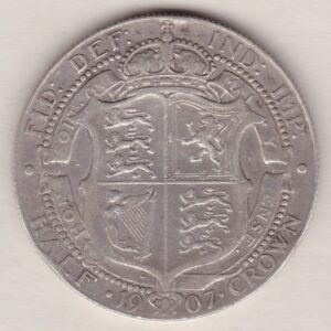 1907 Silver Halfcrown coin featuring king Edward VII on the Obverse. The Reverse features a crowned quartered shield of arms.