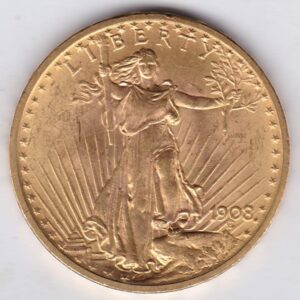 1908 USA Twenty Dollars coin featuring the Lady Liberty on the Obverse. The eagle in flight with sunshine in the background on the Reverse.