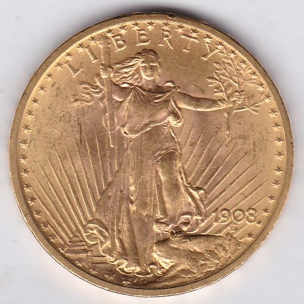 1908 USA Twenty Dollars coin featuring the Lady Liberty on the Obverse. The eagle in flight with sunshine in the background on the Reverse.