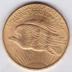 1908 USA Twenty Dollars coin featuring the Lady Liberty on the Obverse. The eagle in flight with sunshine in the background on the Reverse.