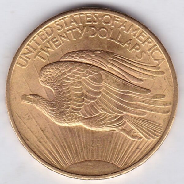 1908 USA Twenty Dollars coin featuring the Lady Liberty on the Obverse. The eagle in flight with sunshine in the background on the Reverse.