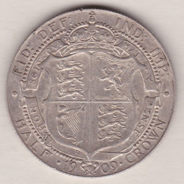 1909 Silver Halfcrown coin featuring king Edward VII on the Obverse. The Reverse features a crowned quartered shield of arms.