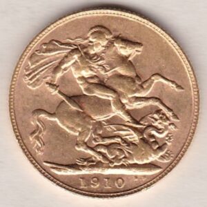 1910 P Gold Sovereign Coin. The coin features King Edward VII on the Obverse. St George and the dragon on the reverse. The P Perth, Australia Mintmark.