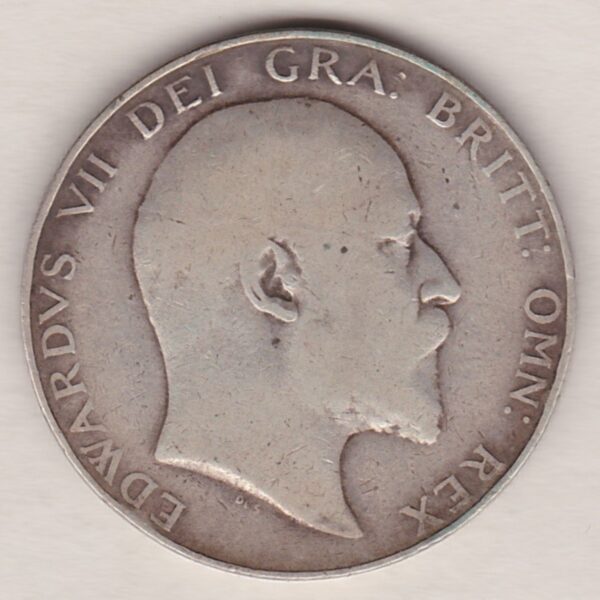 1910 Silver Halfcrown coin featuring king Edward VII on the Obverse. The Reverse features a crowned quartered shield of arms.