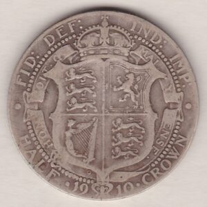 1910 Silver Halfcrown coin featuring king Edward VII on the Obverse. The Reverse features a crowned quartered shield of arms.