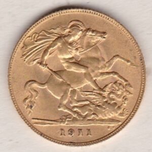 1911 Gold Half Sovereign coin featuring the portrait of King George V on the Obverse. St George and the dragon on the Reverse.