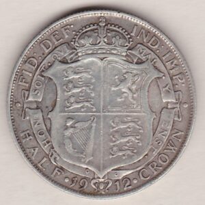 1912 Silver Halfcrown coin featuring king George V on the Obverse. The Reverse features a crowned quartered shield of arms.